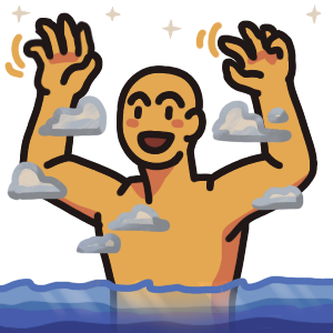 a figure from the waist up, raising their arms above their head and wiggling their fingers. They are an avatar of the Vast. They are a giant figure standing in the ocean, their shoulders reach into the clouds, and stars hover above them.